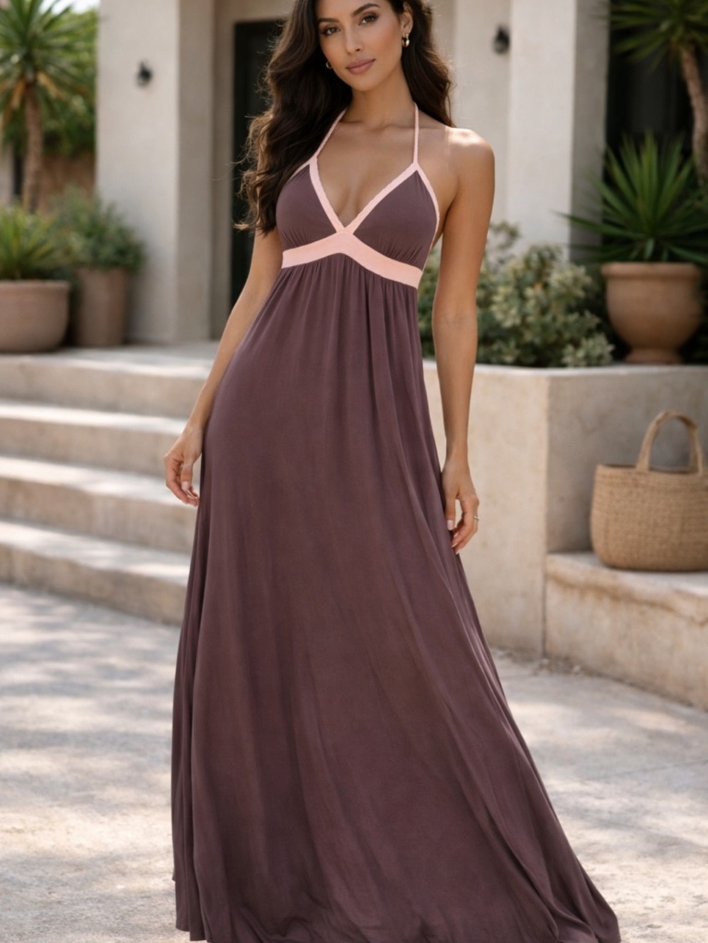 Sleeveless V-Neck Brown Maxi Dress with Pink Trim